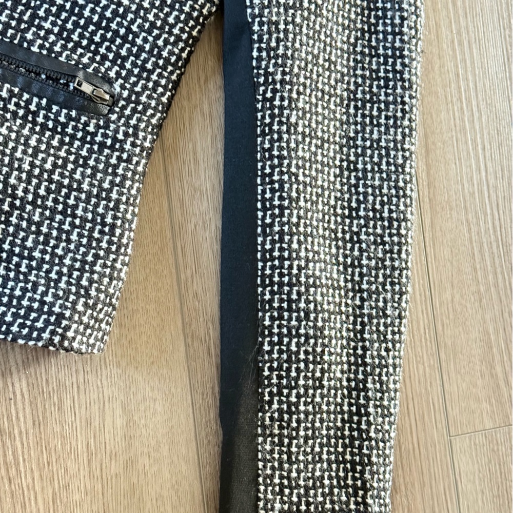 Sandro Monochrome Tweed Jacket Motorcycle Jacket w/ Leather Trim - Picture 5 of 6